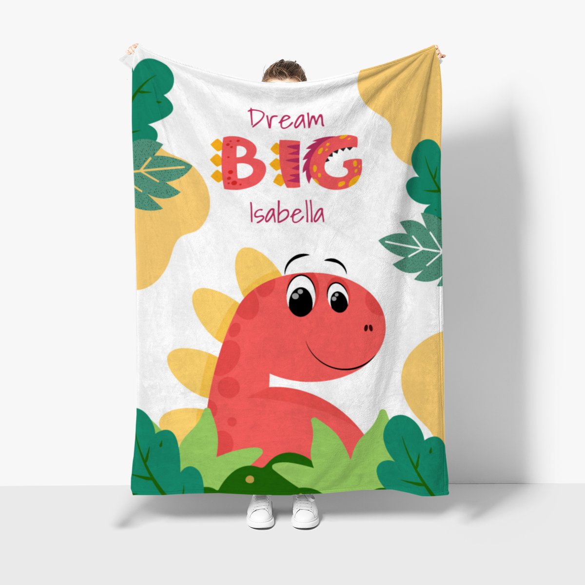 Wohndecke Dream big mit Namen personalisierbar, Kuscheldecke, Namensdecke mit niedlichem Dino, Geschenkidee Geburtstag Motiv Dino rot 140 x 200 cm