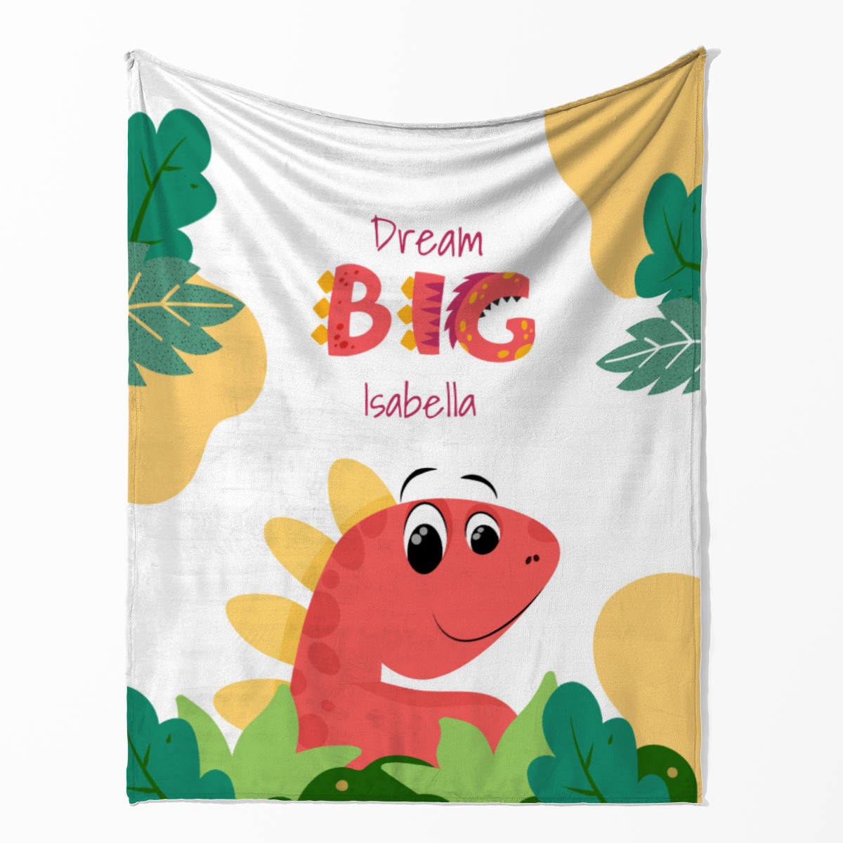 Wohndecke Dream big mit Namen personalisierbar, Kuscheldecke, Namensdecke mit niedlichem Dino, Geschenkidee Geburtstag Motiv