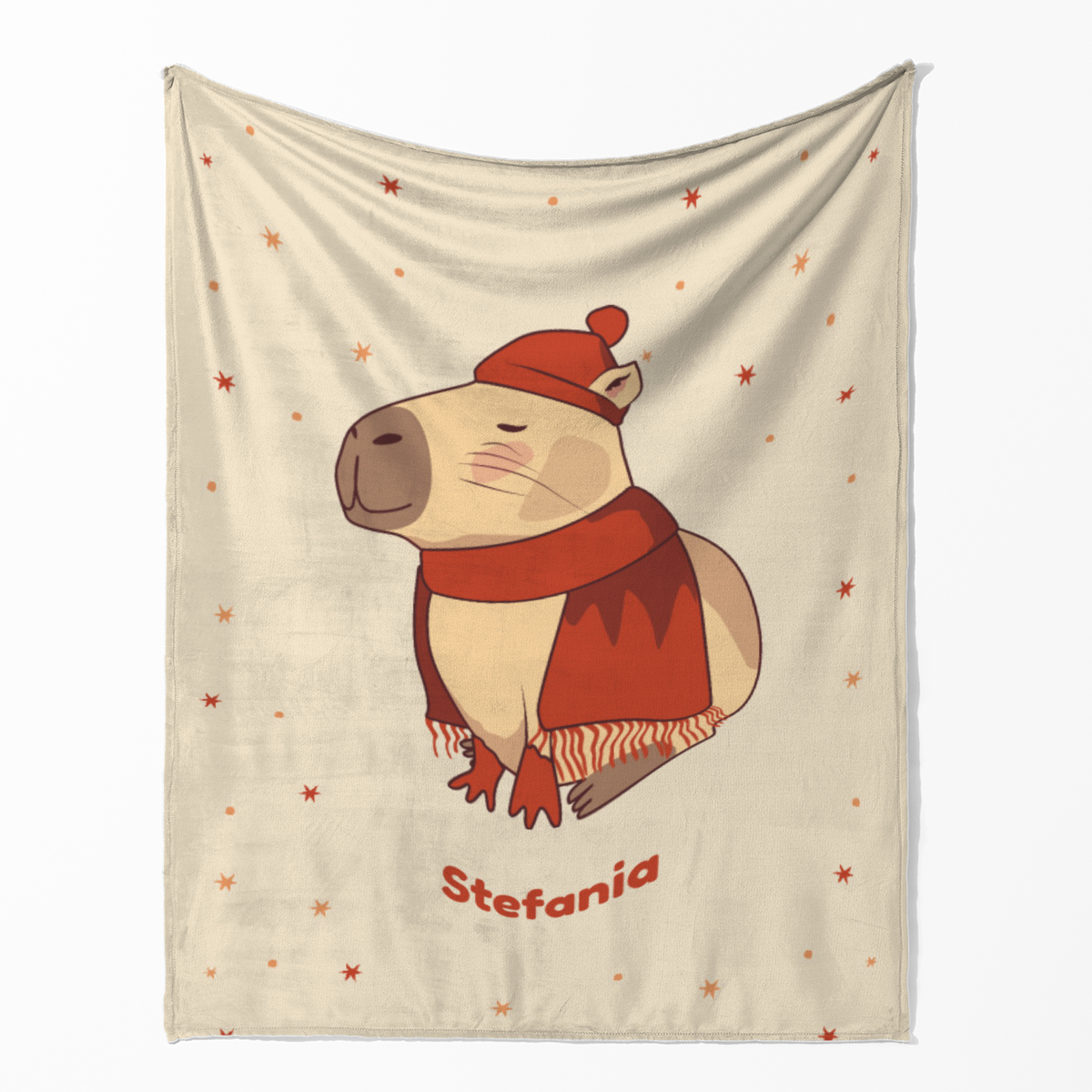Wohndecke mit Namen personalisierbar, Kuscheldecke, niedliche Namensdecke mit Capybara im Winterlook, Geschenkidee Geburtstag Motiv Capy Wintermütze