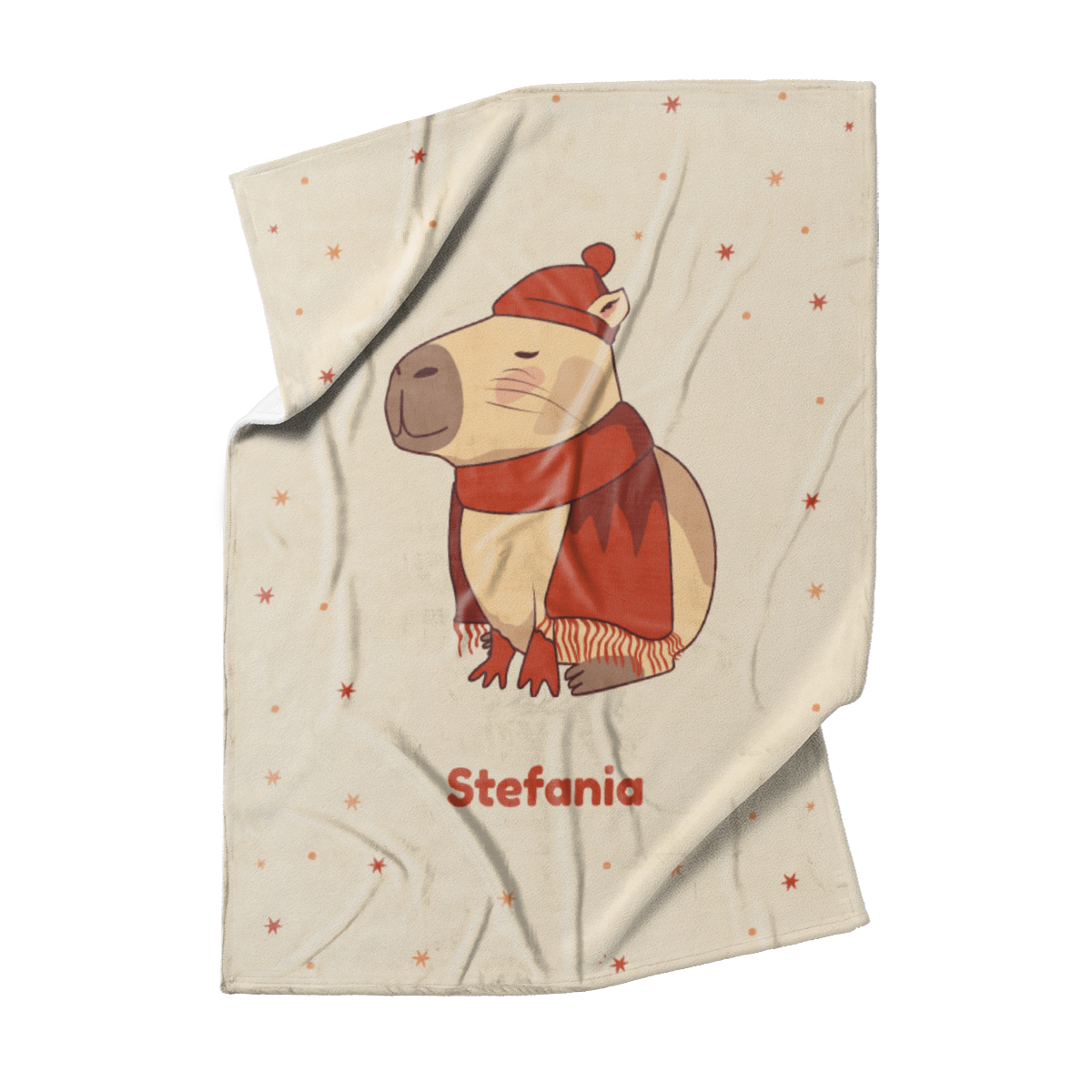 Babydecke mit Namen personalisierbar, Kuscheldecke, niedliche Namensdecke mit Capybara im Winterlook, Geschenkidee Geburtstag Motiv Capy Wintermütze 75 x 100 cm