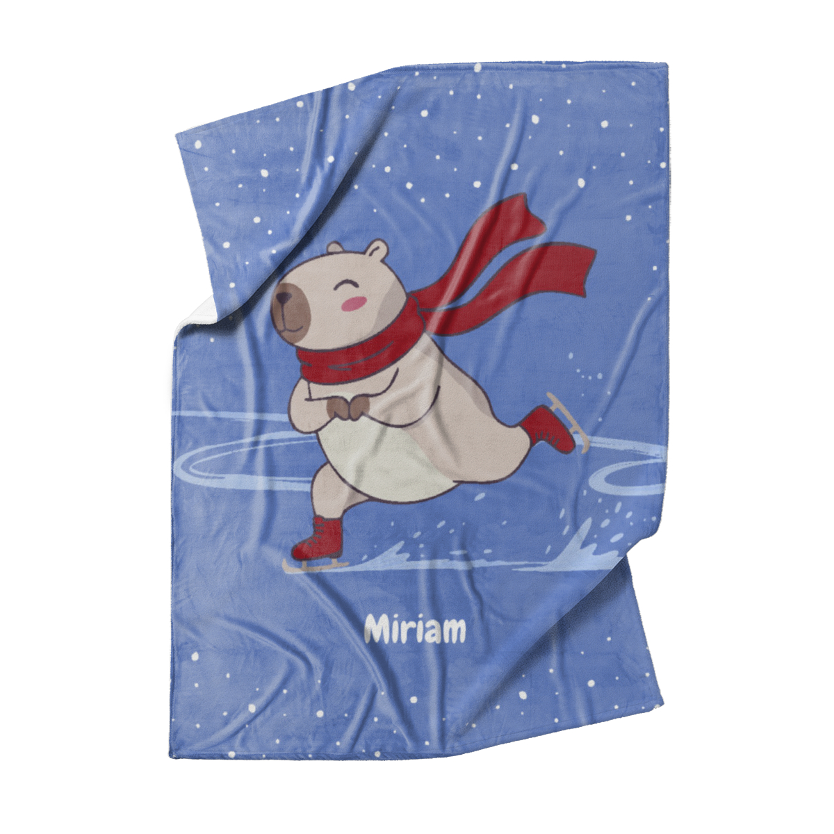 Babydecke mit Namen personalisierbar, Kuscheldecke, niedliche Namensdecke mit Schlittschuh-Capybara, Geschenkidee Geburtstag Motiv Capy Schlittschuh 75 x 100 cm