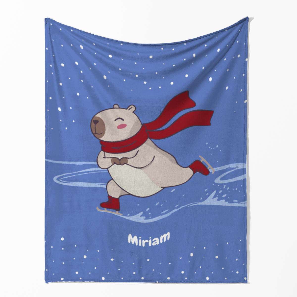 Wohndecke mit Namen personalisierbar, Kuscheldecke, niedliche Namensdecke mit Schlittschuh-Capybara, Geschenkidee Geburtstag Motiv Capy Schlittschuh 125 x 155 cm