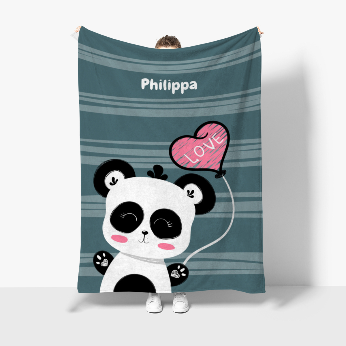 Babydecke mit Namen personalisierbar, Kuscheldecke, Namensdecke mit niedlichem Tiermotiv, Geschenkidee Geburtstag Motiv Panda Love 140 x 200 cm