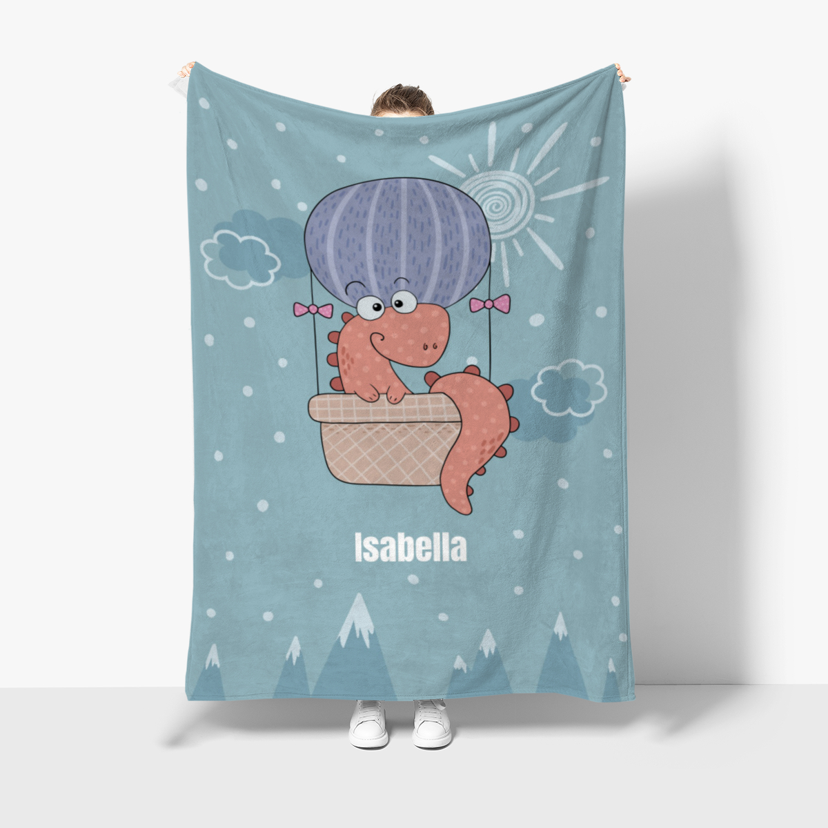 Babydecke mit Namen personalisierbar, Kuscheldecke, Namensdecke mit niedlichem Tiermotiv, Geschenkidee Geburtstag Motiv Luftfahrer Dino 140 x 200 cm