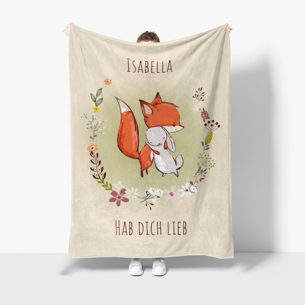 Wohndecke mit Namen personalisierbar, Kuscheldecke, Namensdecke mit Fuchs und Hase, Geschenkidee Geburtstag Motiv Fuchs und Hase 140 x 200 cm
