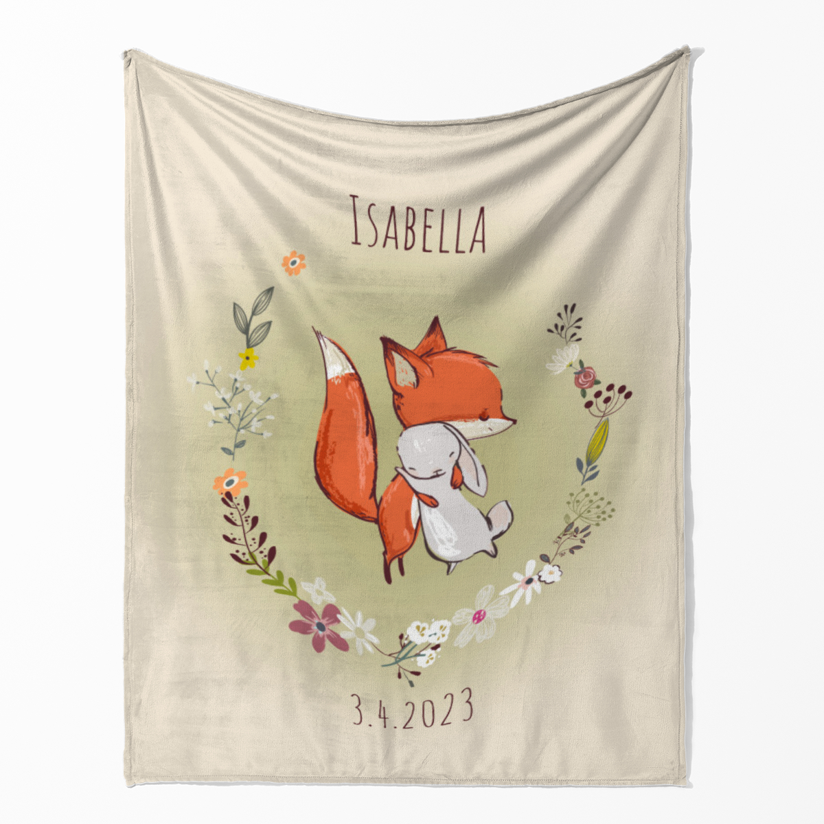 Wohndecke mit Namen personalisierbar, Kuscheldecke, Namensdecke mit Fuchs und Hase, Geschenkidee Geburtstag Motiv Fuchs und Hase 125 x 155 cm