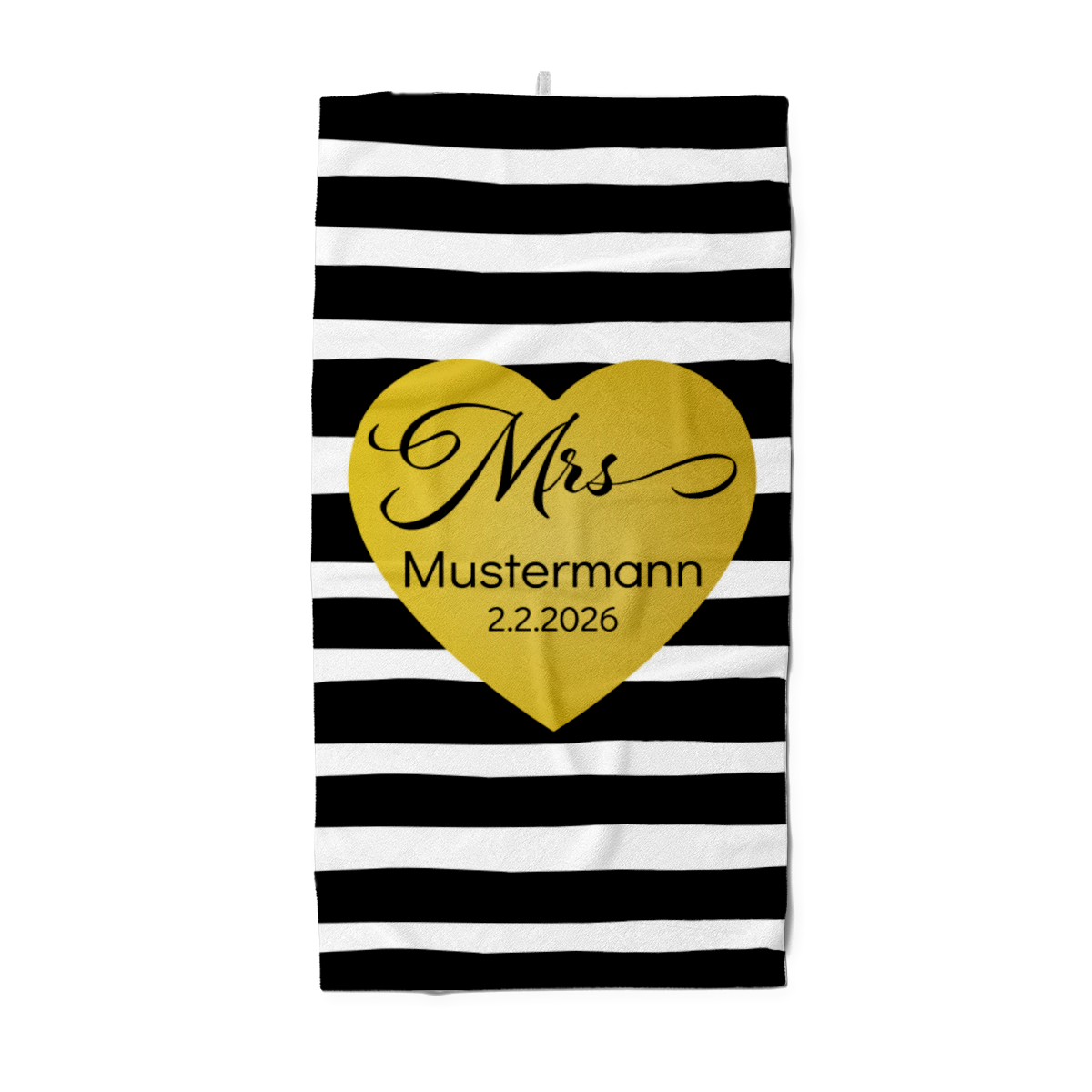 Badetuch mit Namen personalisierbar - personalisiertes Namens-Badetuch - Strandtuch mit Wunschtext - Geschenkidee Hochzeit, Paar - Motiv Misses Heart Stripes