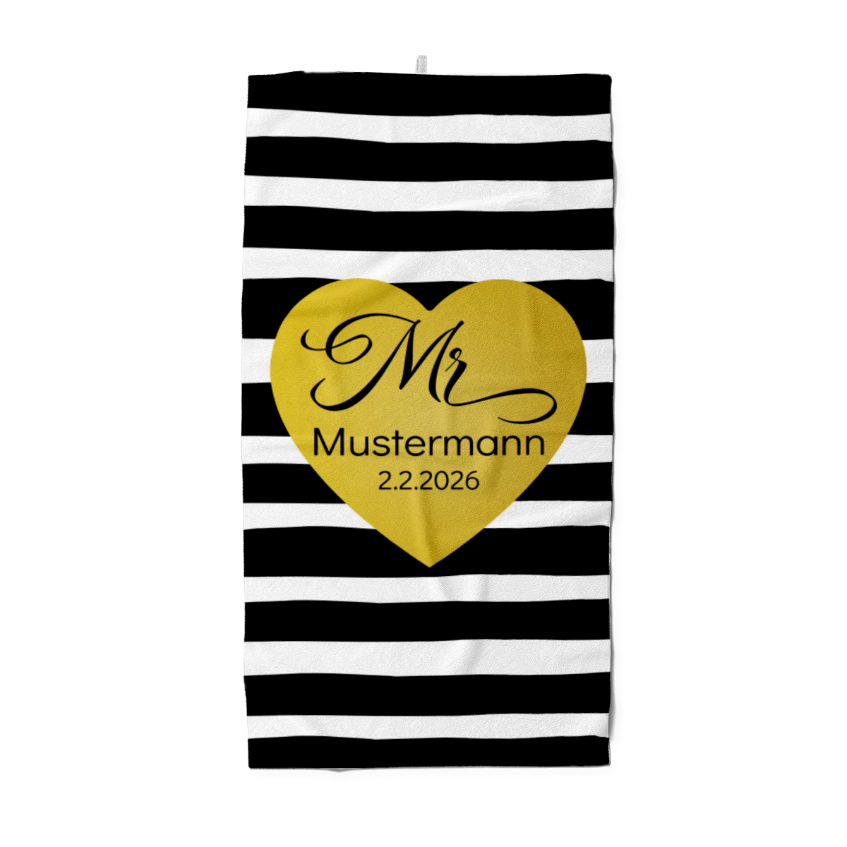 Badetuch mit Namen personalisierbar - personalisiertes Namens-Badetuch - Strandtuch mit Wunschtext - Geschenkidee Hochzeit, Paar - Motiv Mister Heart Stripes