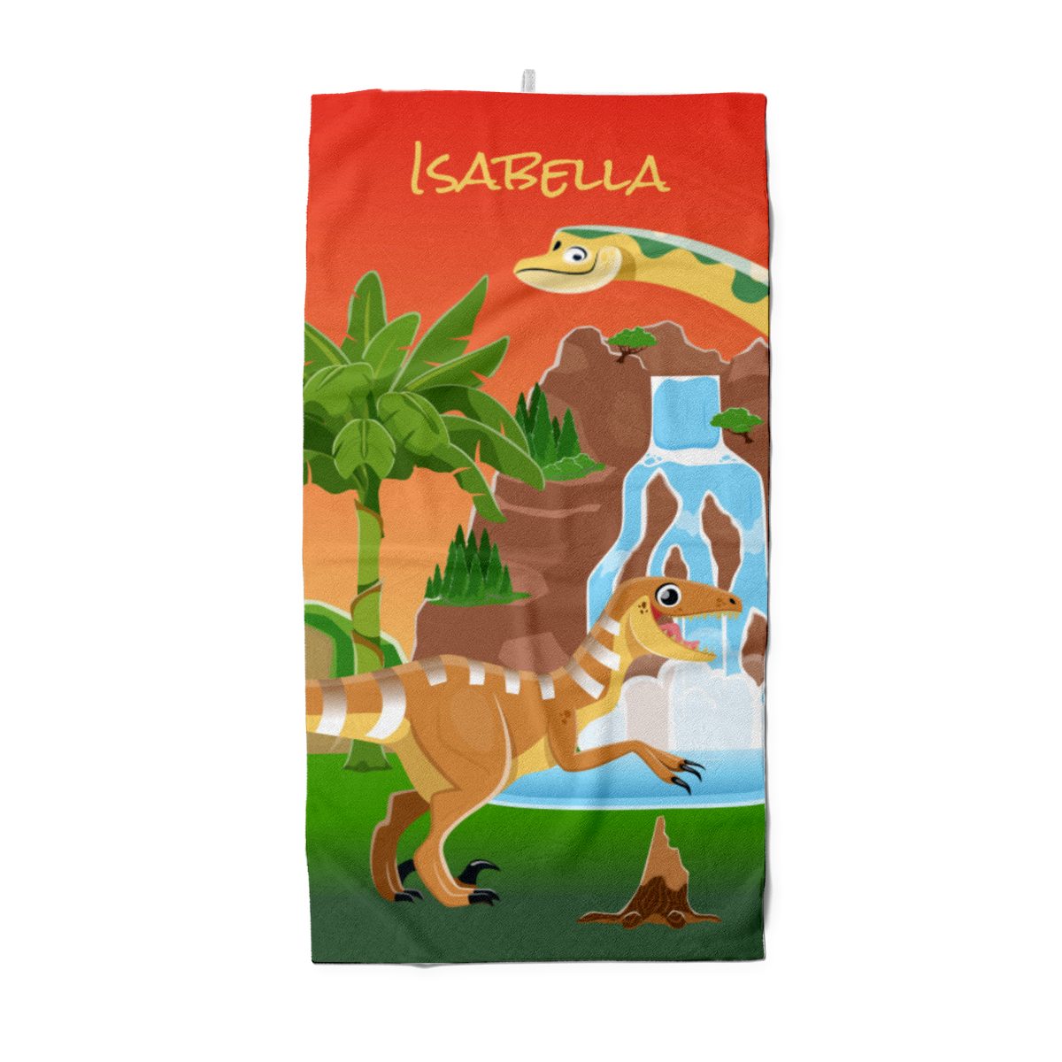 Dinosaurier-Badetuch mit Namen personalisierbar - personalisiertes Namens-Strandtuch - Kinderbadetuch mit Wunschtext - Dinowelt rot