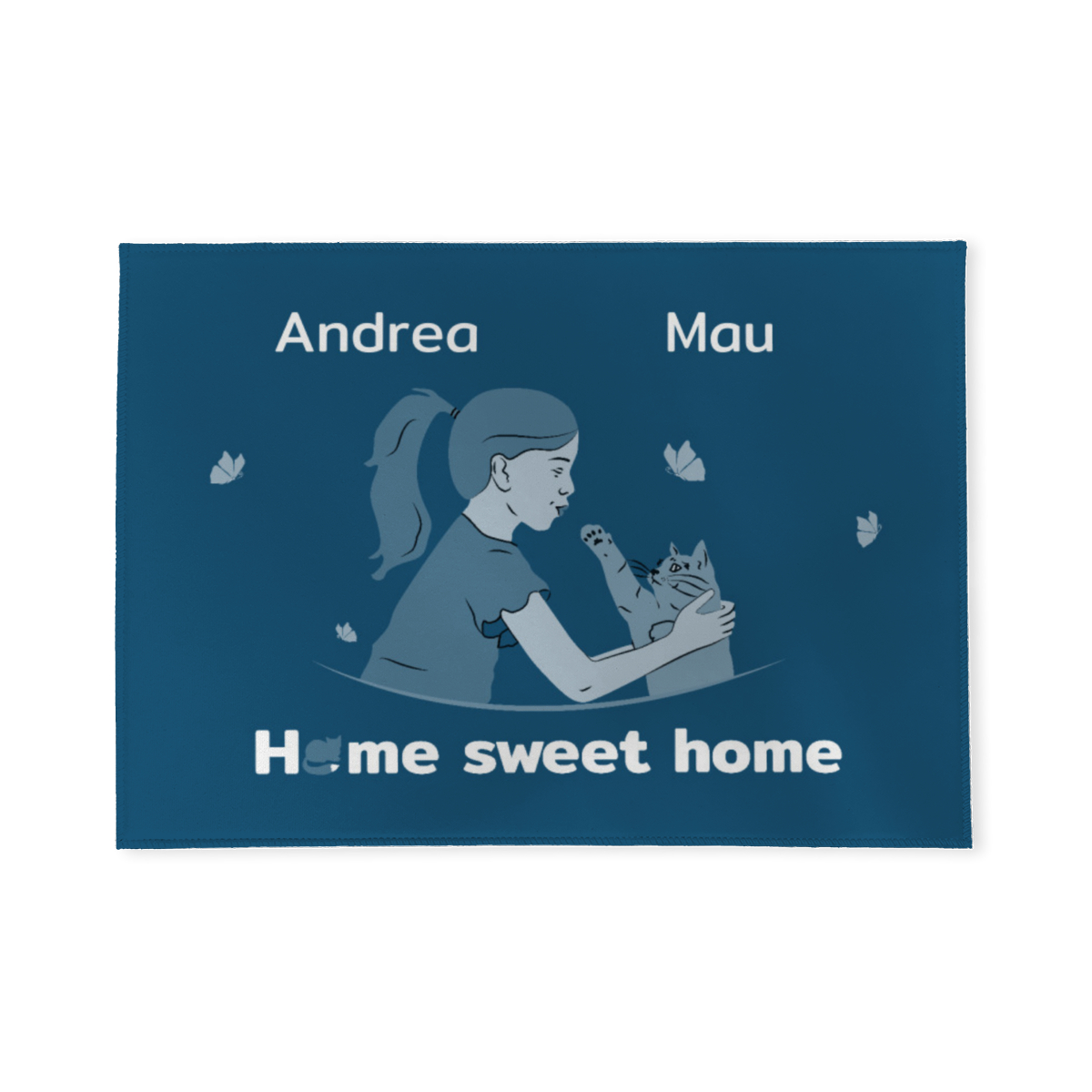 Personalisierte Fußmatte Mädchen mit Katze blau 70 x 50 cm