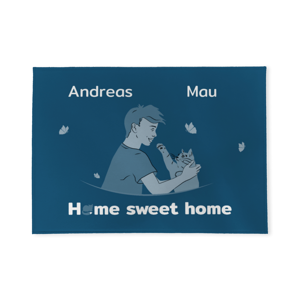 Personalisierte Fußmatte Junge mit Katze blau 70 x 50 cm