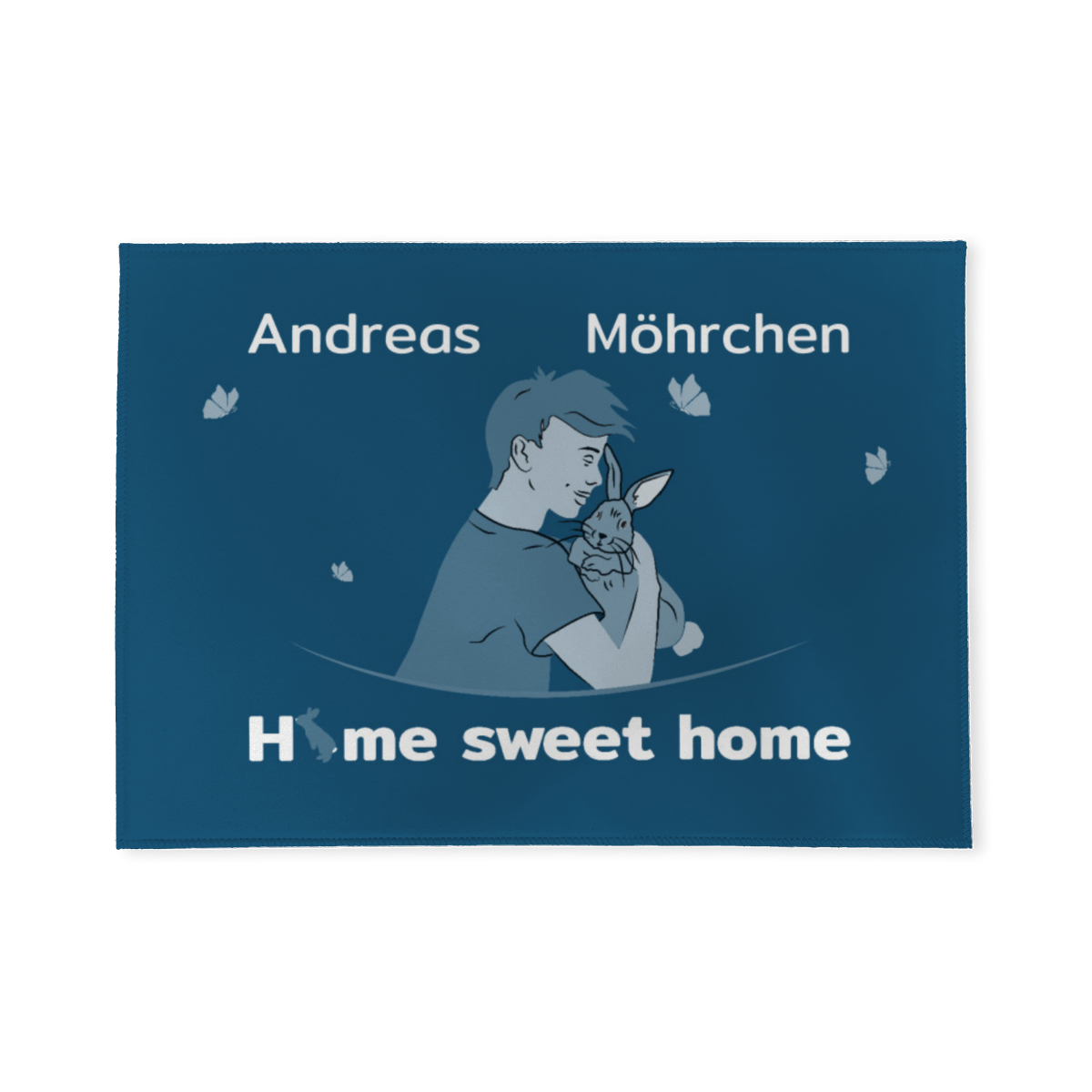 Personalisierte Fußmatte Junge mit Hase blau 70 x 50 cm