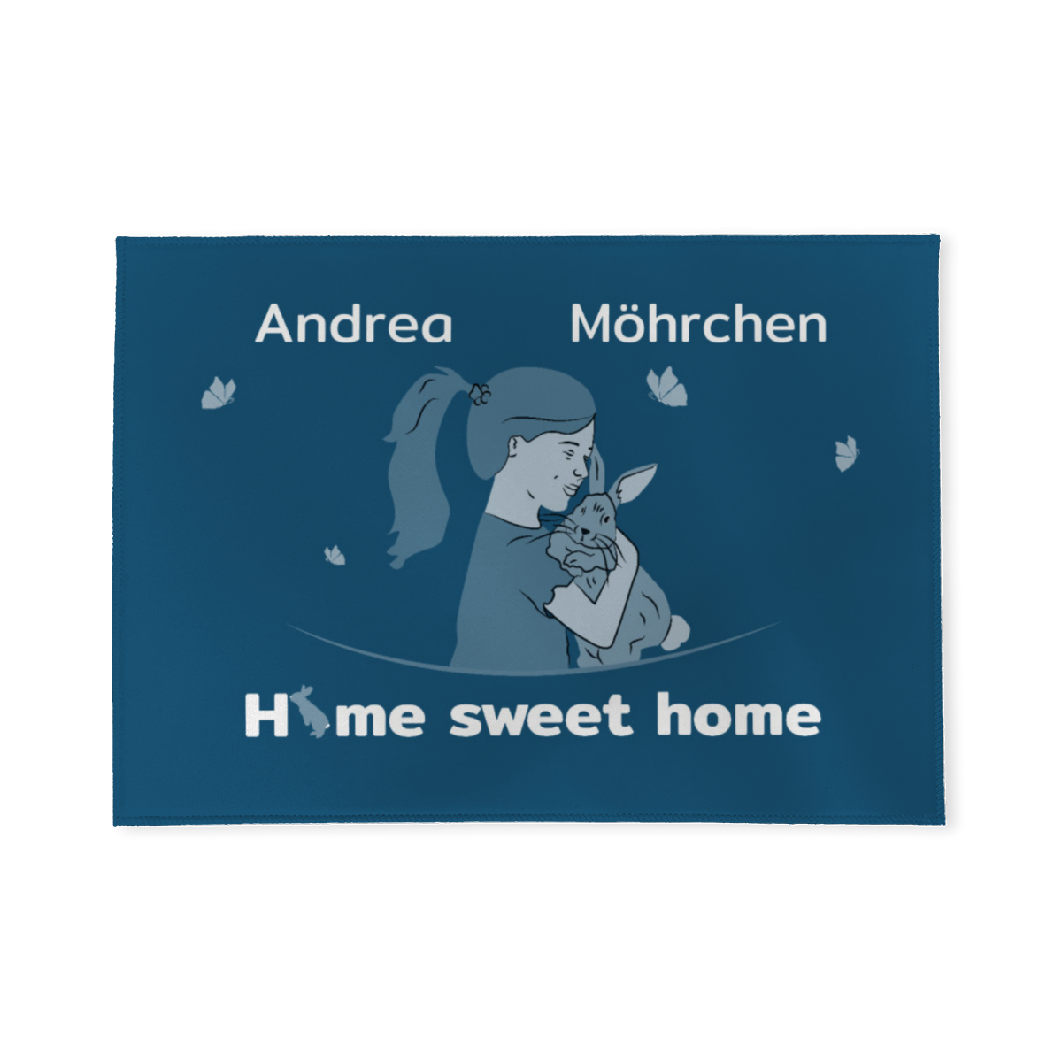 Personalisierte Fußmatte Mädchen mit Hase blau 70 x 50 cm