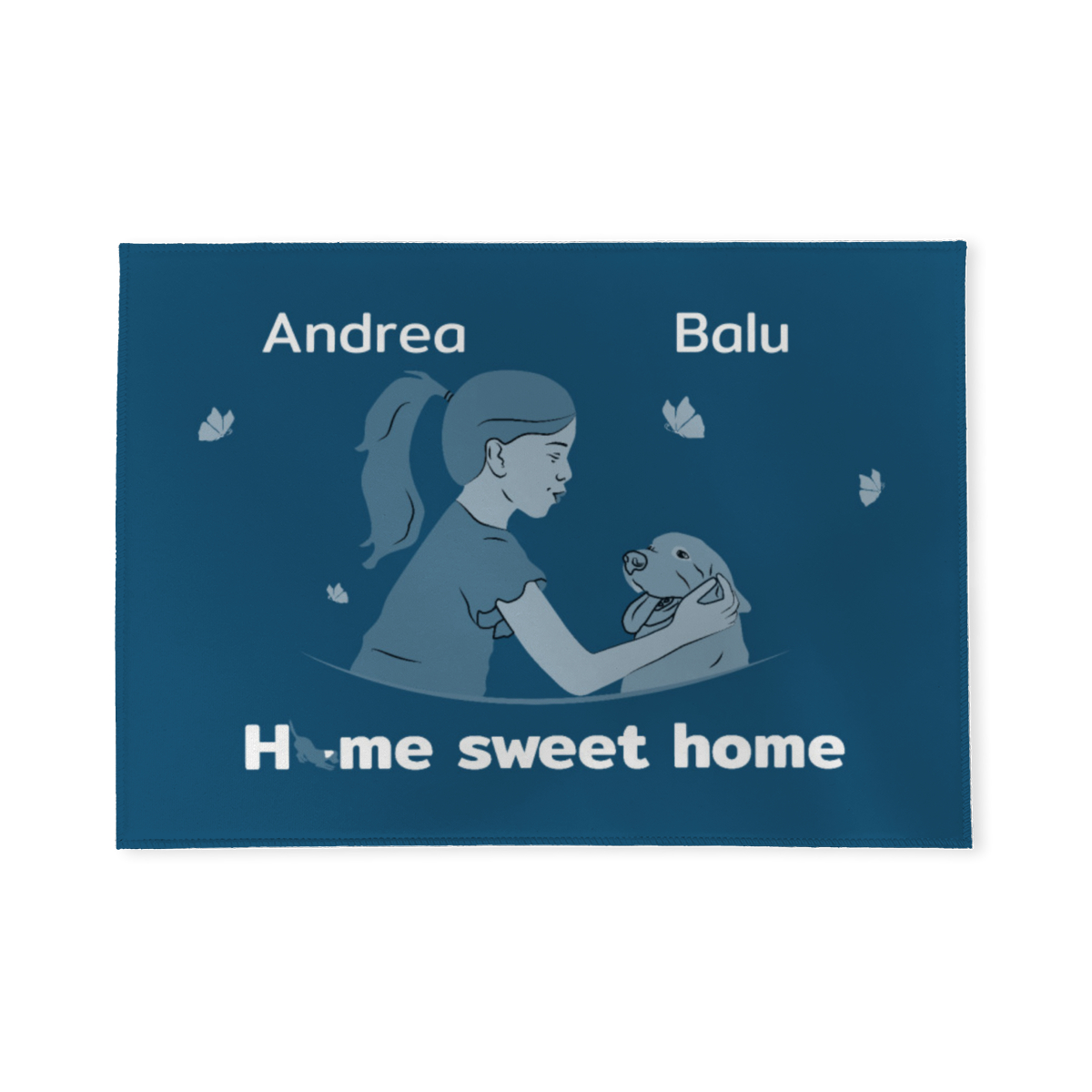 Personalisierbare Fußmatte Mädchen mit Hund blau 70 x 50 cm