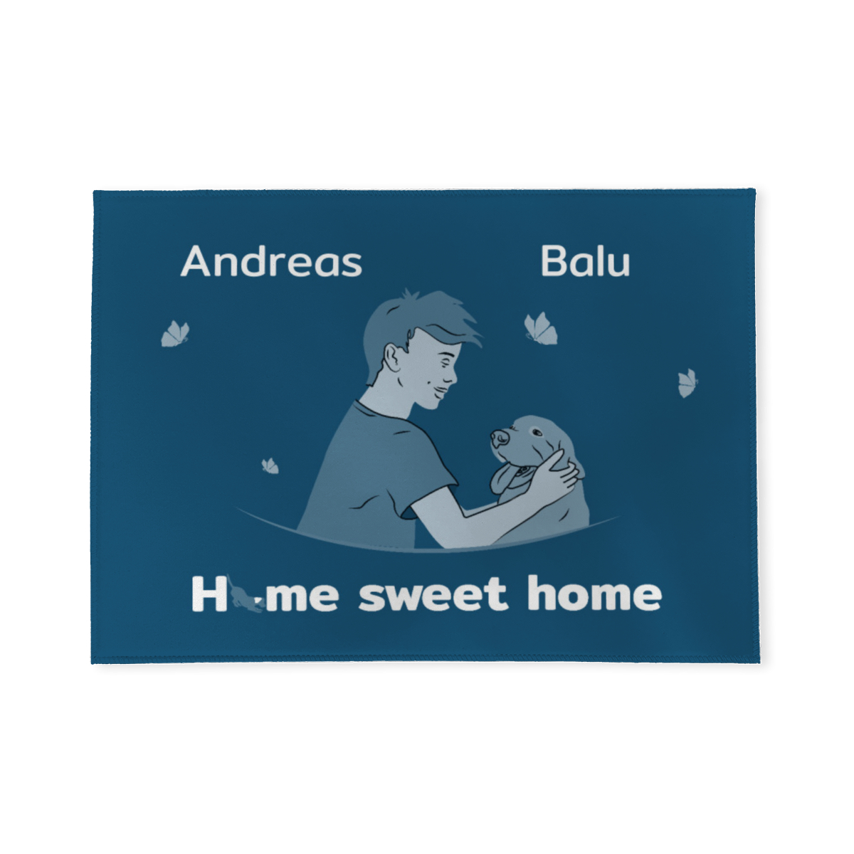 Personalisierte Fußmatte Junge mit Hund blau 70 x 50 cm