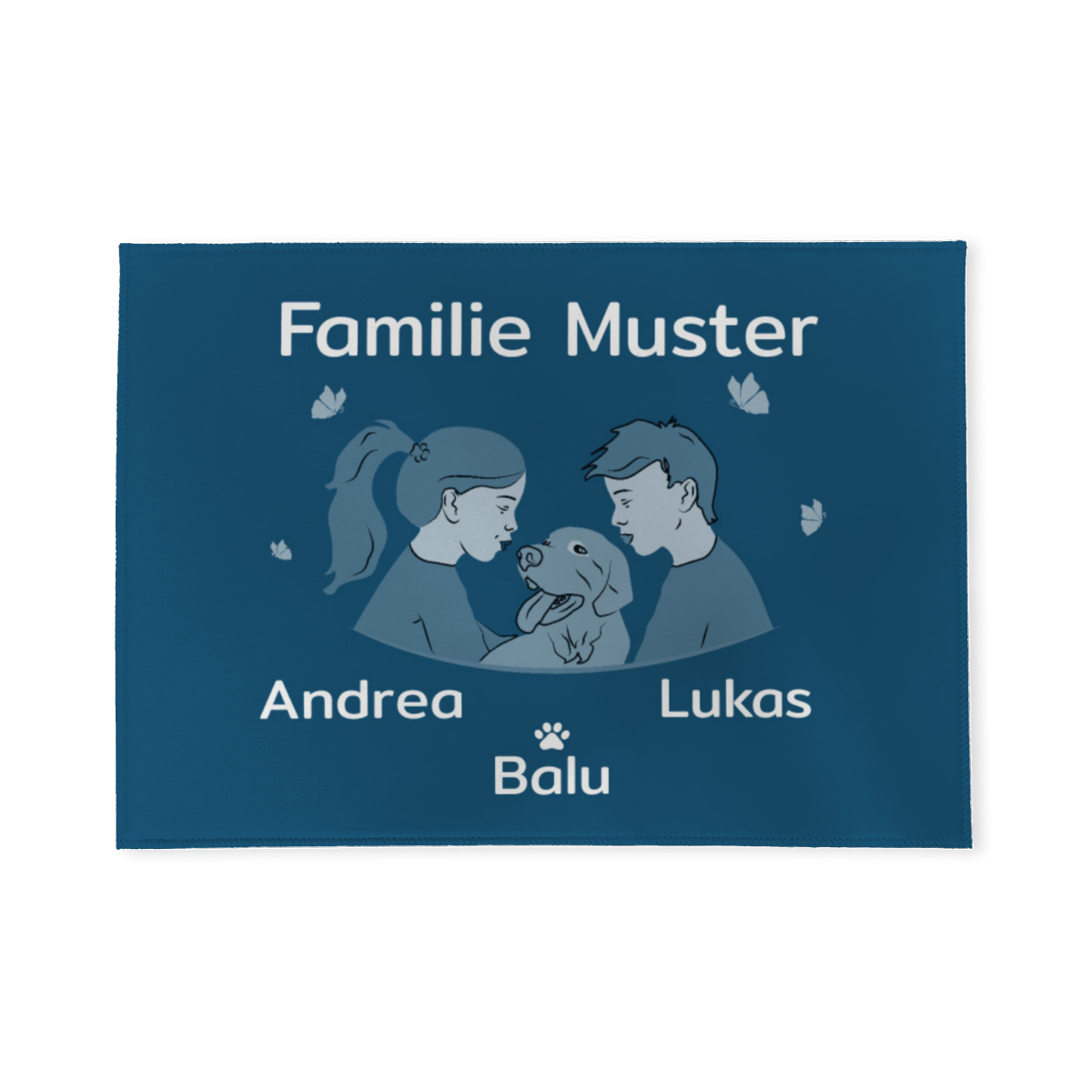 Personalisierbare Fußmatte Mädchen und Junge mit Hund blau 70 x 50 cm