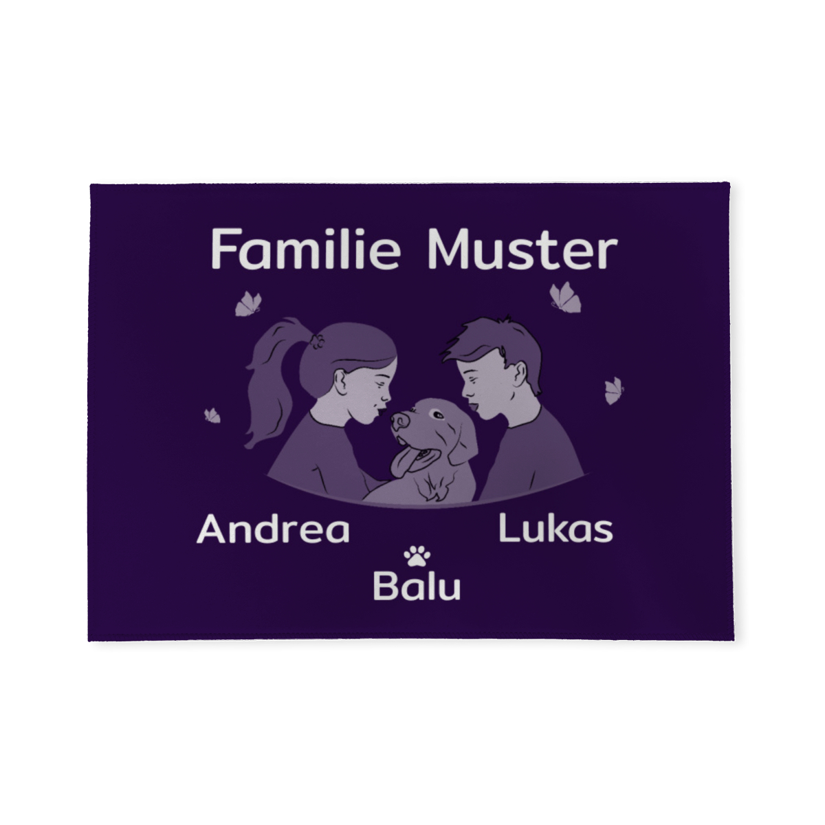 Personalisierbare Fußmatte Mädchen und Junge mit Hund lila 70 x 50 cm
