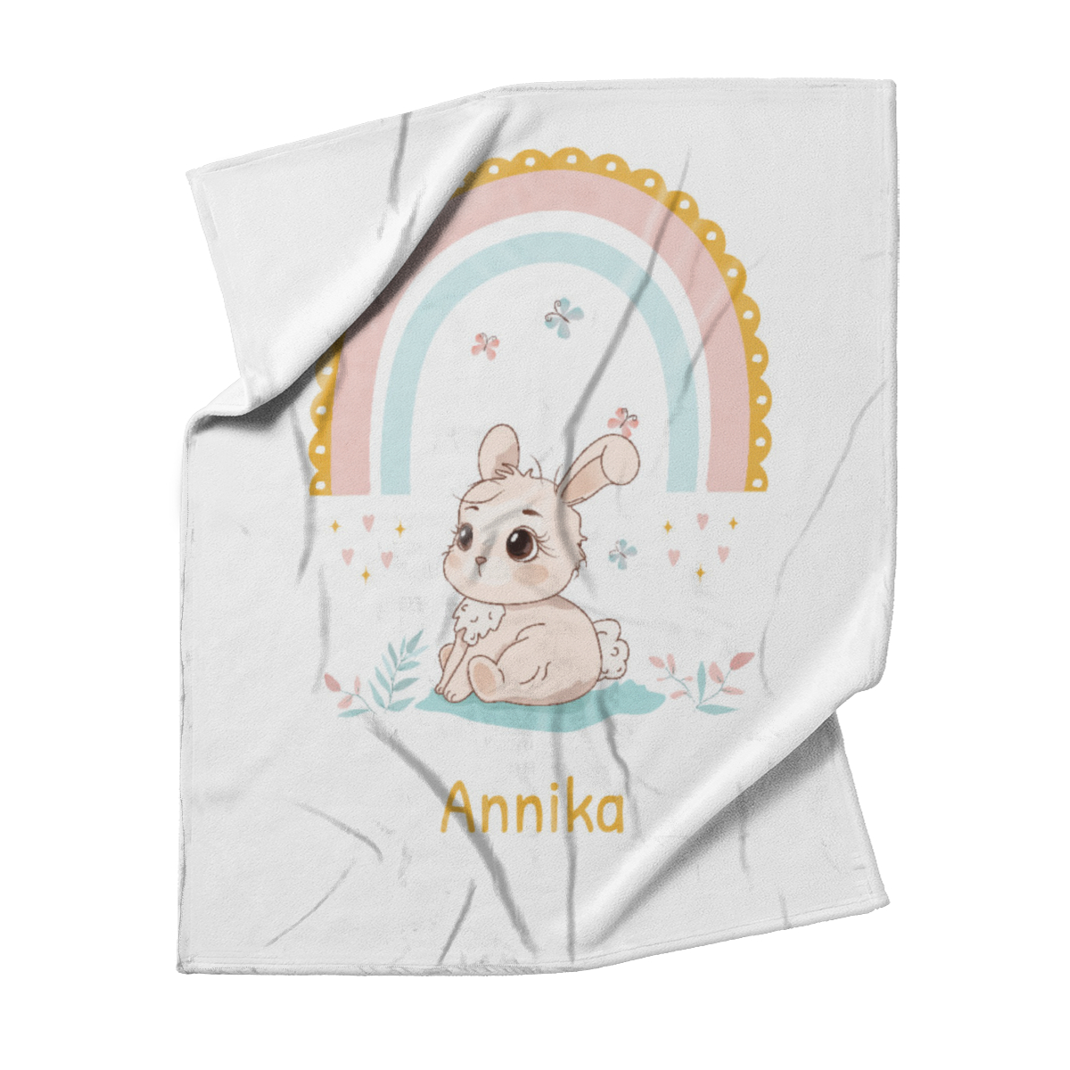 Kuscheldecke personalisierbar mit Namen - niedliches Hasenmotiv - personalisierte Kuscheldecke mit Häschen und Regenbogen - Geschenkidee für Kinder Hase 125 x 155 cm