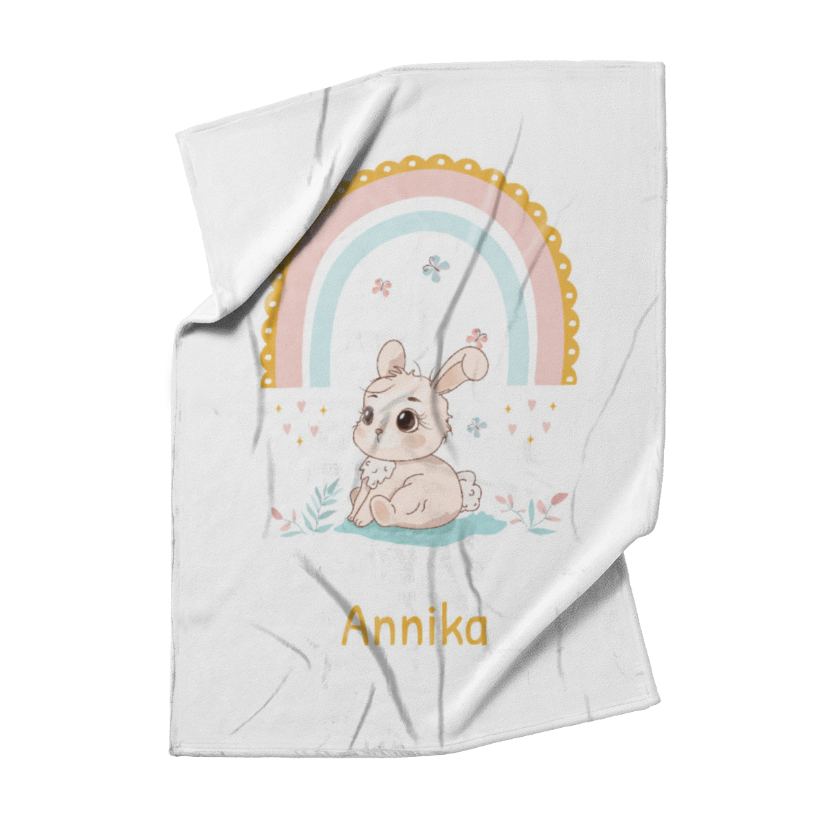 Kuscheldecke personalisierbar mit Namen - niedliches Hasenmotiv - personalisierte Kuscheldecke mit Häschen und Regenbogen - Geschenkidee für Kinder Hase 140 x 200 cm